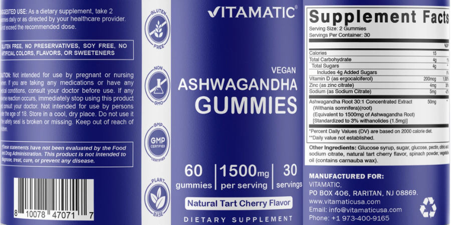 Official label of Vitamatic Ashwagandha Gummies 1500 mg Natural Tart Cherry Flavor (NIH DSLD #283011)