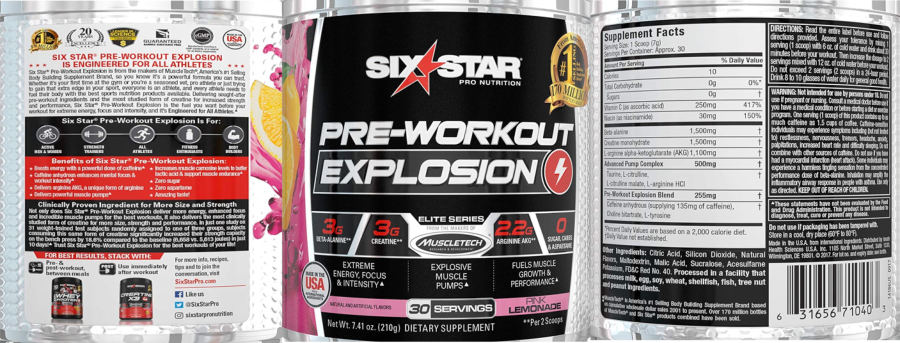 Official label of Six Star Pro Nutrition Pre-Workout Explosion Pink Lemonade (NIH DSLD #284035)
