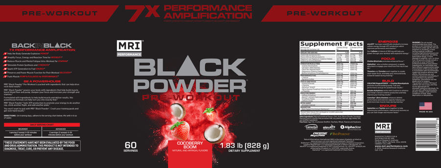 Official label of MRI Performance Black Powder Pre-Workout Cocoberry Boom (NIH DSLD #285367)