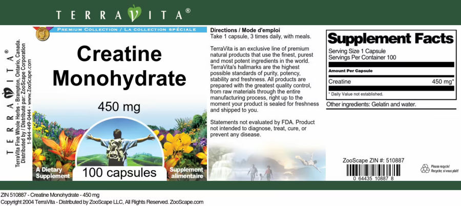 Official label of TerraVita Premium Collection Creatine Monohydrate 450 mg (NIH DSLD #285907)