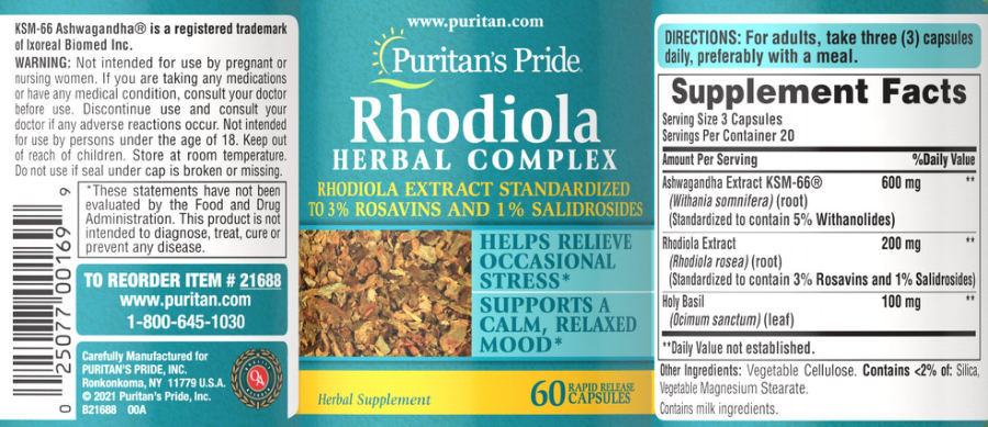 Official label of Puritan's Pride Rhodiola Herbal Complex (NIH DSLD #285996)