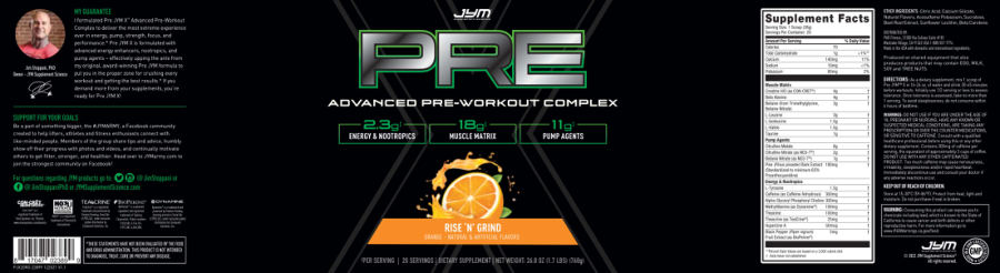Official label of JYM Supplement Science Pre JYM X Advanced Pre-Workout Complex Rise 'N' Grind (NIH DSLD #286256)