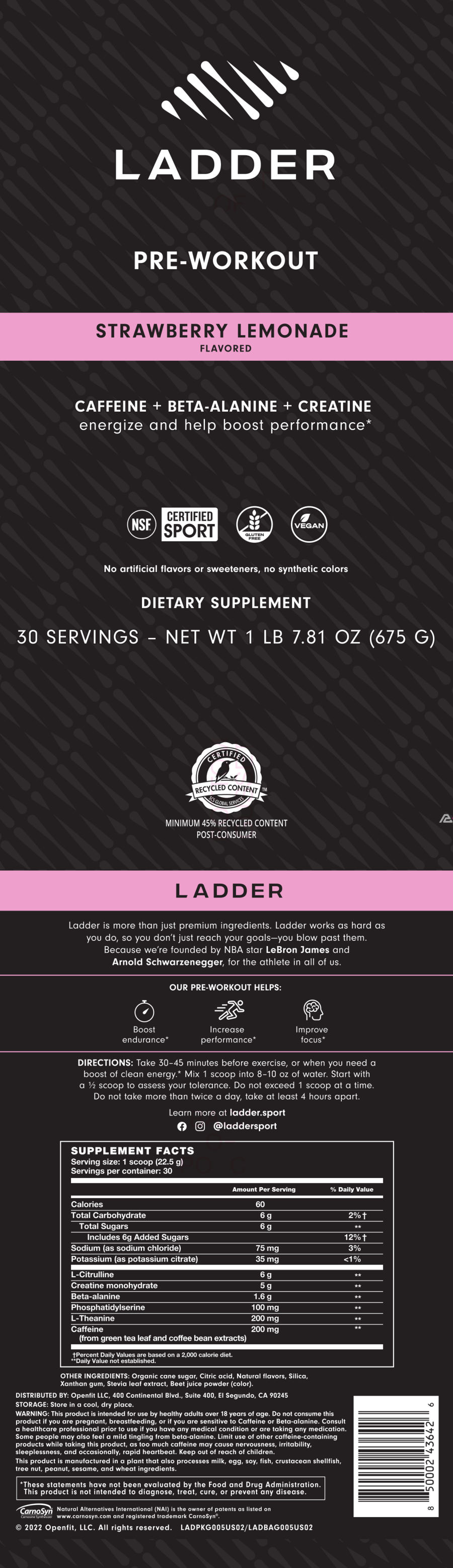Official label of Ladder Pre-Workout Strawberry Lemonade Flavored (NIH DSLD #286800)