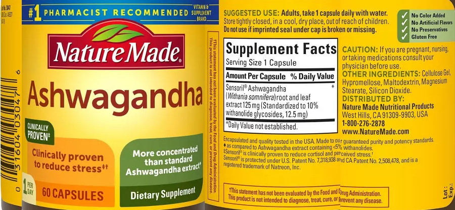 Official label of Nature Made Ashwagandha (NIH DSLD #286869)