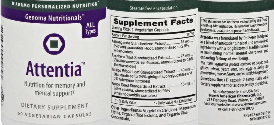 Official label of D'Adamo Personalized Nutrition Attentia (NIH DSLD #287130)
