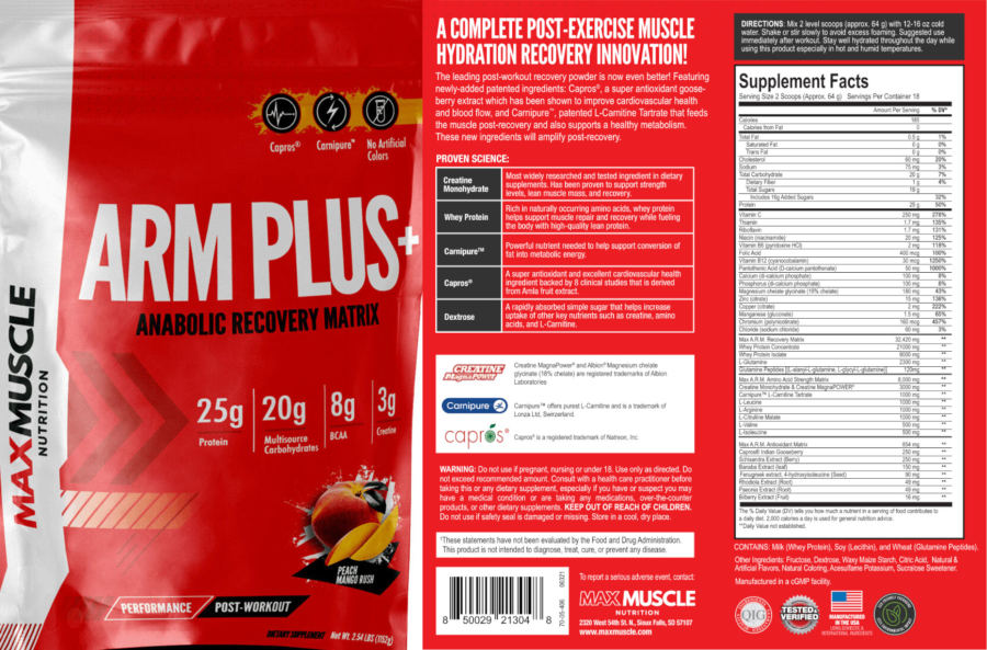 Official label of Max Muscle Nutrition ARM Plus+ Peach Mango Rush (NIH DSLD #288537)