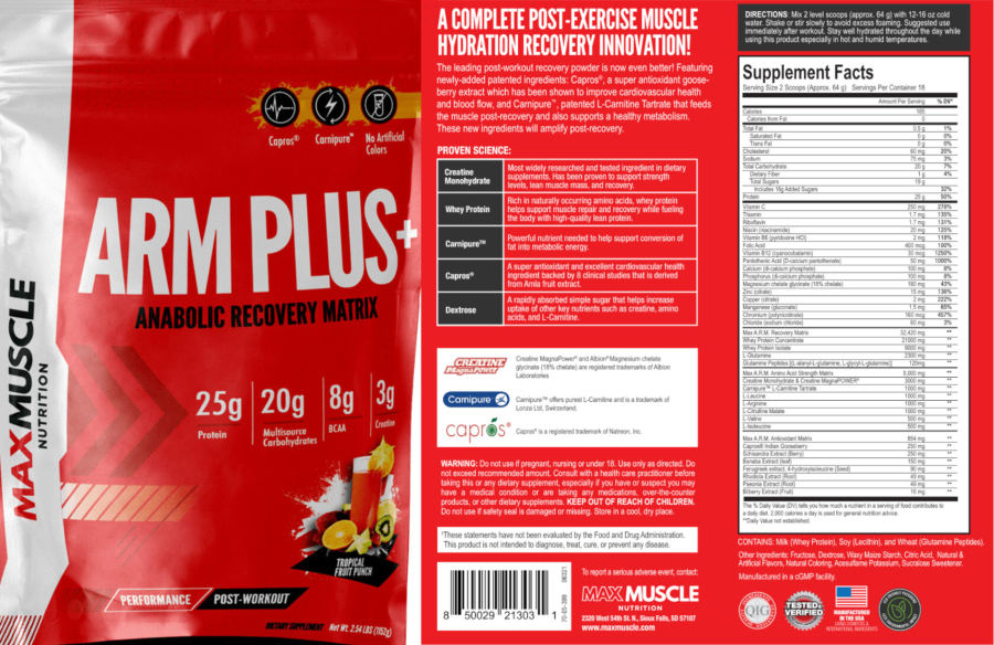 Official label of Max Muscle Nutrition ARM Plus+ Tropical Fruit Punch (NIH DSLD #288538)