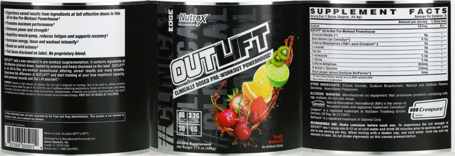 Official label of Nutrex Research Clinical Edge Outlift Fruit Punch (NIH DSLD #288672)