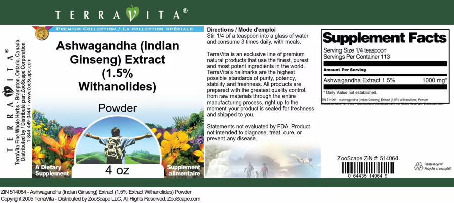 Official label of TerraVita Premium Collection Ashwagandha (Indian Ginseng) Extract (1.5% Withanolides) Powder (NIH DSLD #289492)