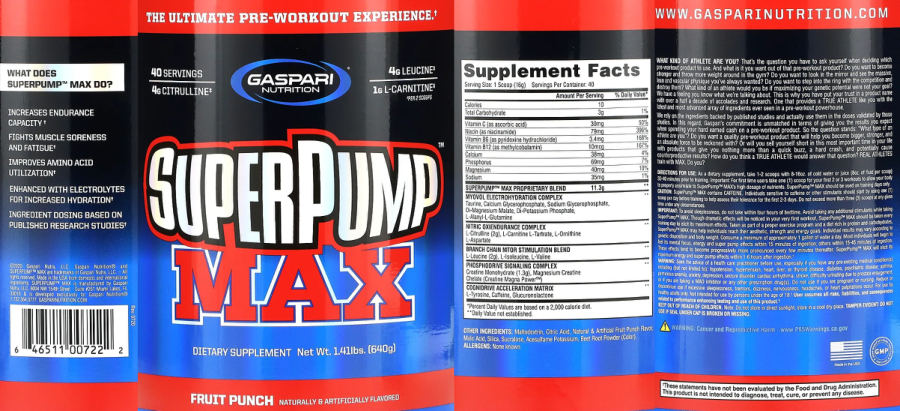 Official label of Gaspari Nutrition SuperPump MAX Fruit Punch (NIH DSLD #292008)