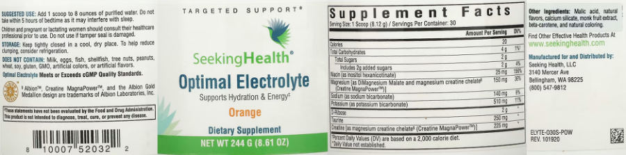 Official label of Seeking Health Optimal Electrolyte Orange (NIH DSLD #292551)