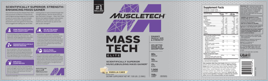 Official label of MuscleTech MASS TECH Elite Vanilla Cake (NIH DSLD #292627)