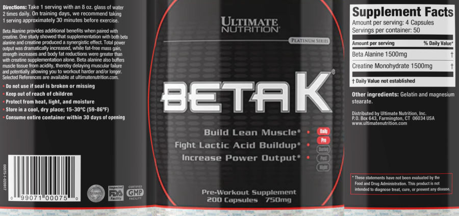 Official label of Ultimate Nutrition Platinum Series Beta K (NIH DSLD #293451)