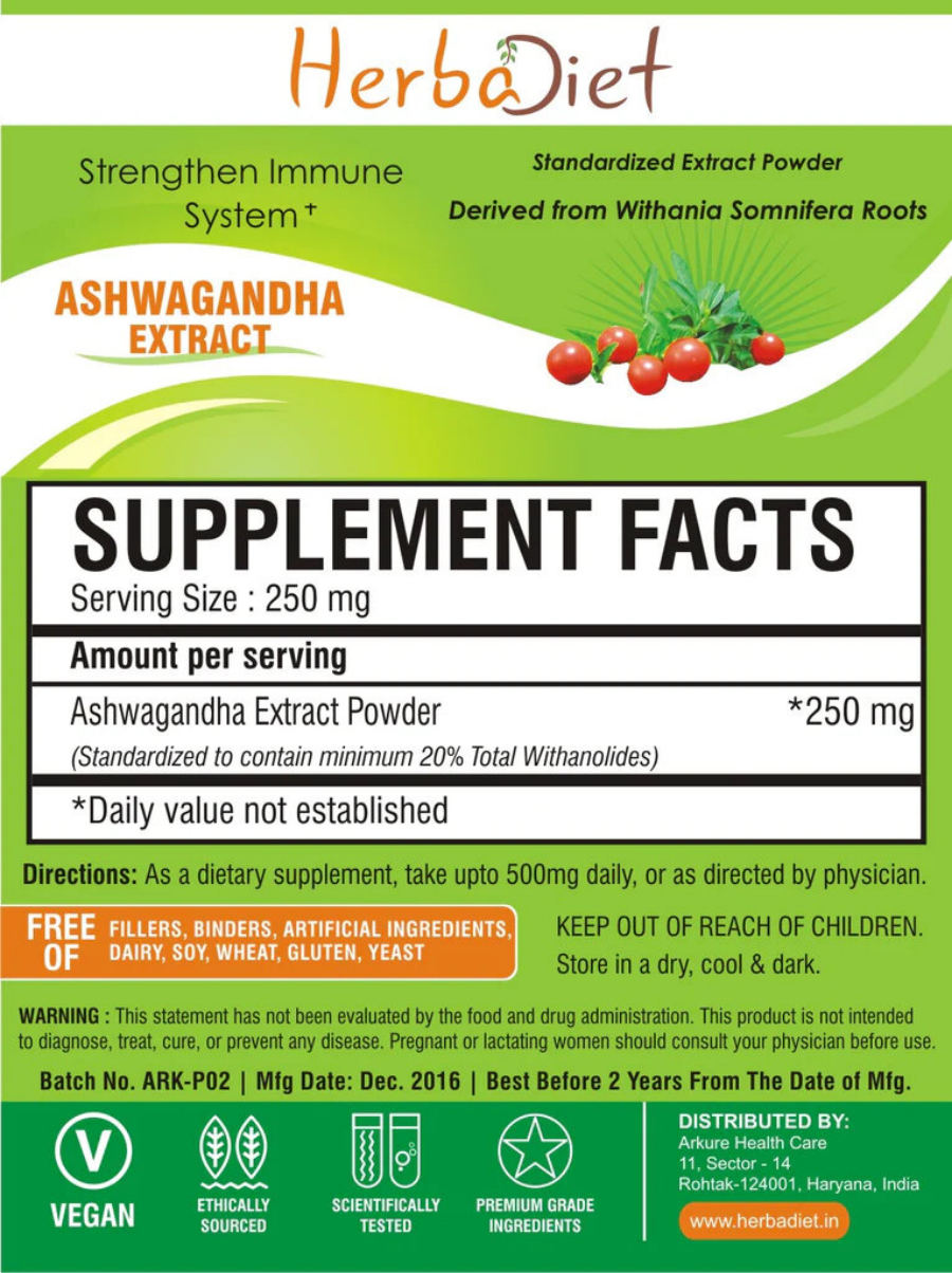Official label of Herbadiet Ashwagandha Extract Powder (NIH DSLD #293483)