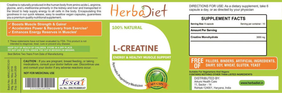 Official label of Herbadiet L-Creatine (NIH DSLD #293598)