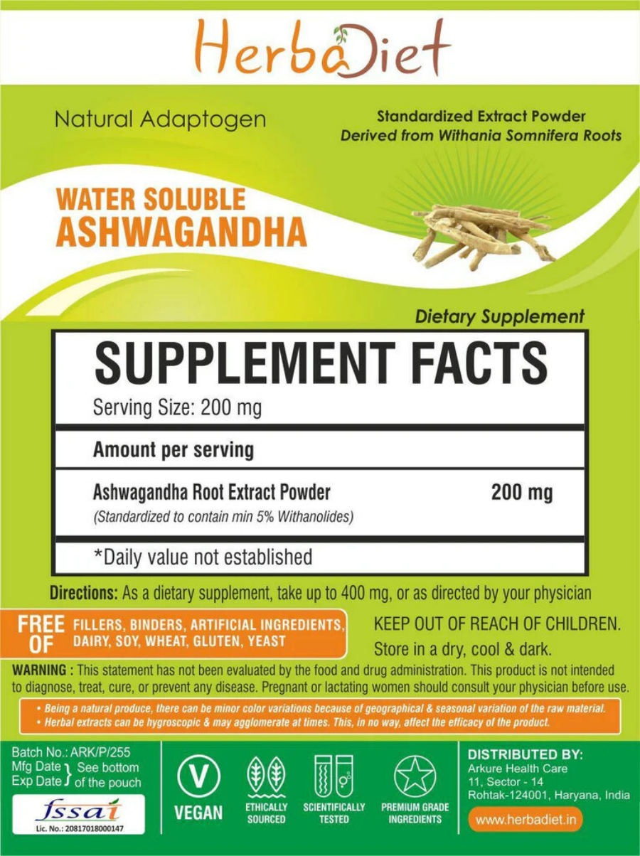 Official label of Herbadiet Water Soluble Ashwagandha Powder (NIH DSLD #293716)