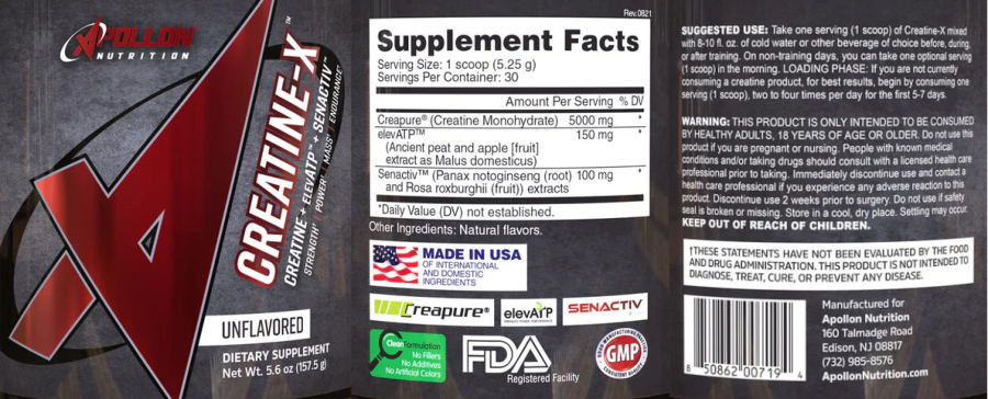 Official label of Apollon Nutrition Creatine-X Unflavored (NIH DSLD #295354)