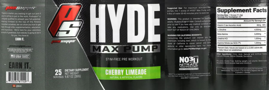 Official label of PS ProSupps Hyde Max Pump Cherry Limeade (NIH DSLD #295373)