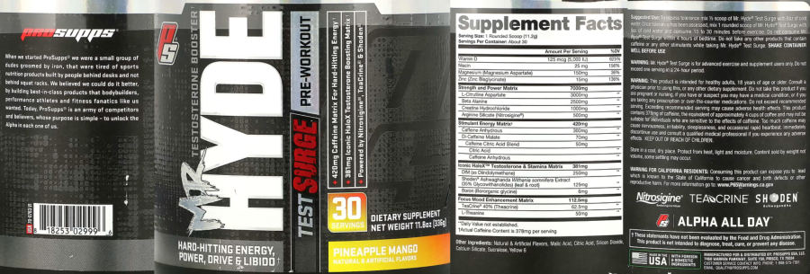Official label of PS ProSupps Mr Hyde Test Surge Pre-Workout Pineapple Mango (NIH DSLD #295375)