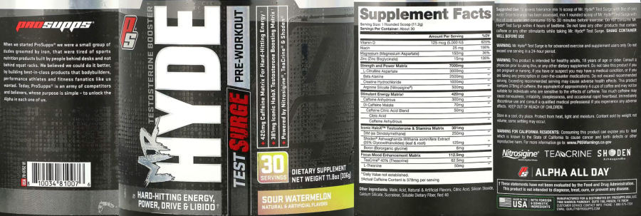 Official label of PS ProSupps Mr Hyde Test Surge Sour Watermelon (NIH DSLD #295376)