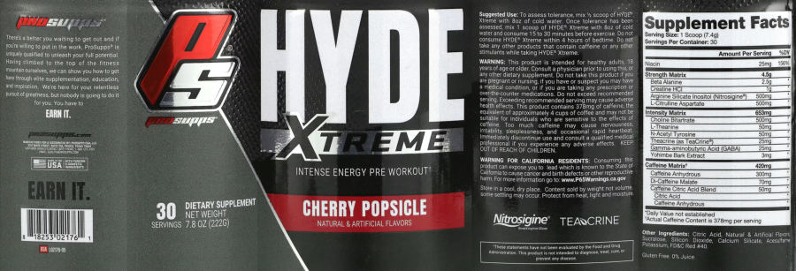 Official label of PS ProSupps Hyde Xtreme Cherry Popsicle (NIH DSLD #295381)