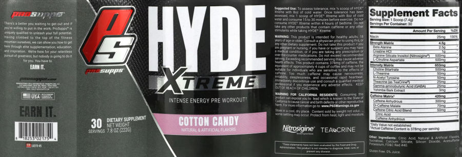 Official label of PS ProSupps Hyde Xtreme Cotton Candy (NIH DSLD #295382)