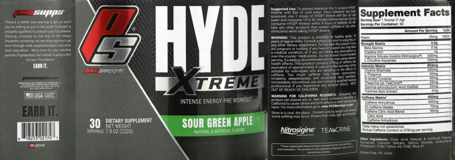 Official label of PS ProSupps Hyde Xtreme Sour Green Apple (NIH DSLD #295383)