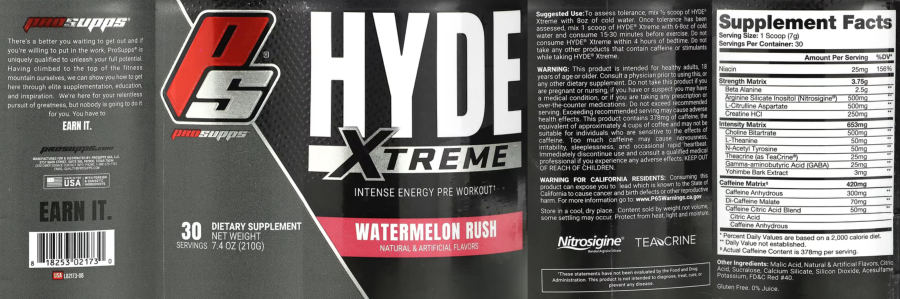Official label of PS ProSupps Hyde Xtreme Watermelon Rush (NIH DSLD #295384)