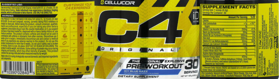 Official label of Cellucor C4 Original Icy Blue Razz (NIH DSLD #295485)