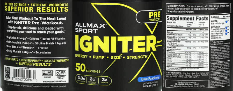 Official label of ALLMAX SPORT Igniter Blue Raspberry (NIH DSLD #296140)