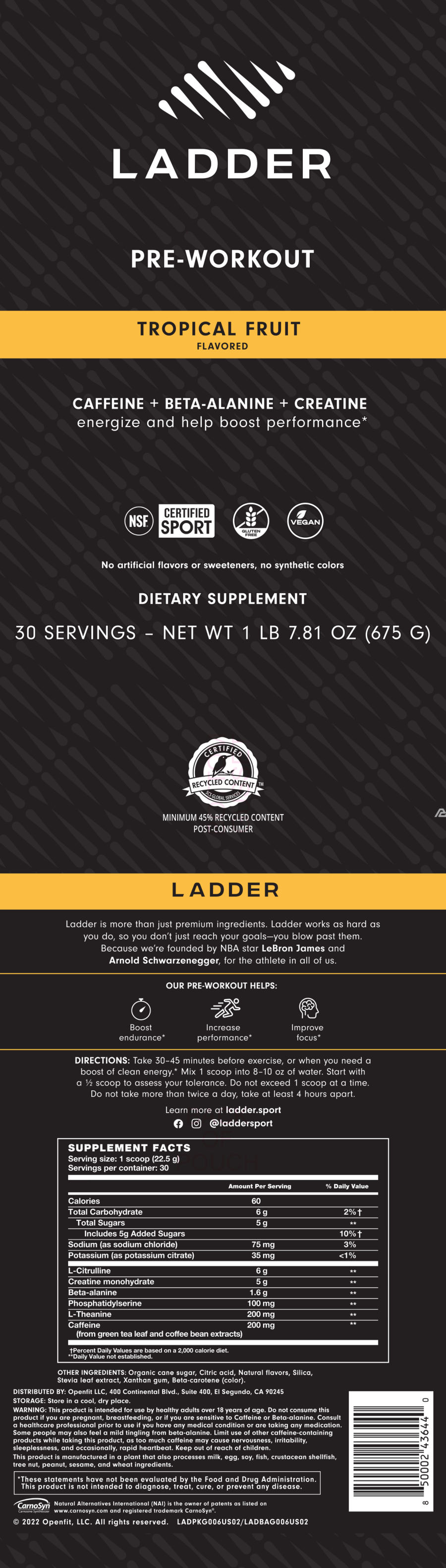 Official label of Ladder Pre-Workout Tropical Fruit Flavored (NIH DSLD #296436)