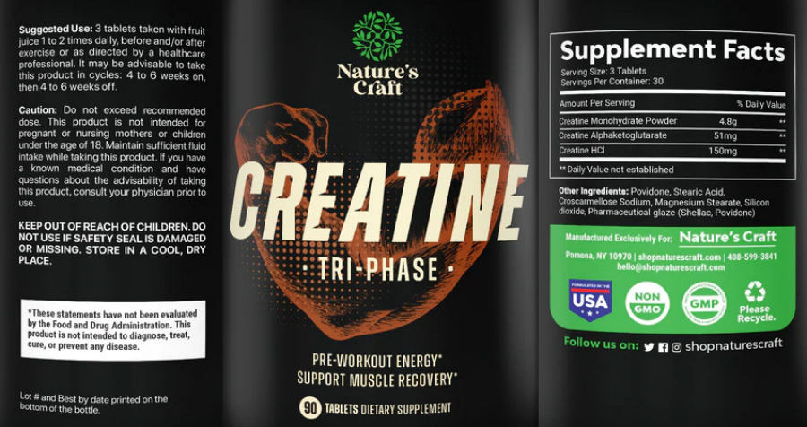Official label of Nature's Craft Creatine Tri-Phase (NIH DSLD #296647)