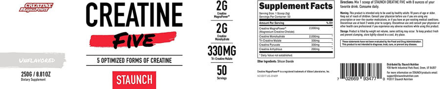 Official label of Staunch Creatine Five Unflavored (NIH DSLD #297713)