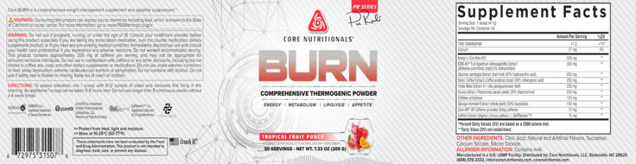 Official label of Core Nutritionals BURN Tropical Fruit Punch (NIH DSLD #297976)