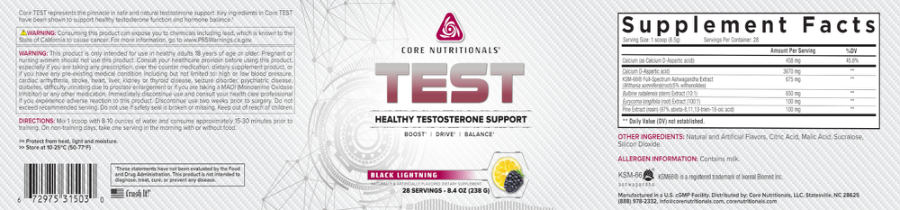 Official label of Core Nutritionals TEST Black Lightning (NIH DSLD #298356)