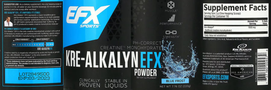 Official label of EFX Sports Kre-Alkalyn EFX Powder Blue Frost (NIH DSLD #298548)