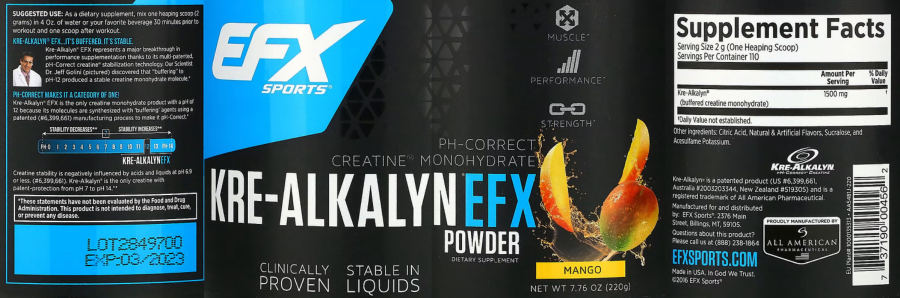 Official label of EFX Sports Kre-Alkalyn EFX Powder Mango (NIH DSLD #298549)