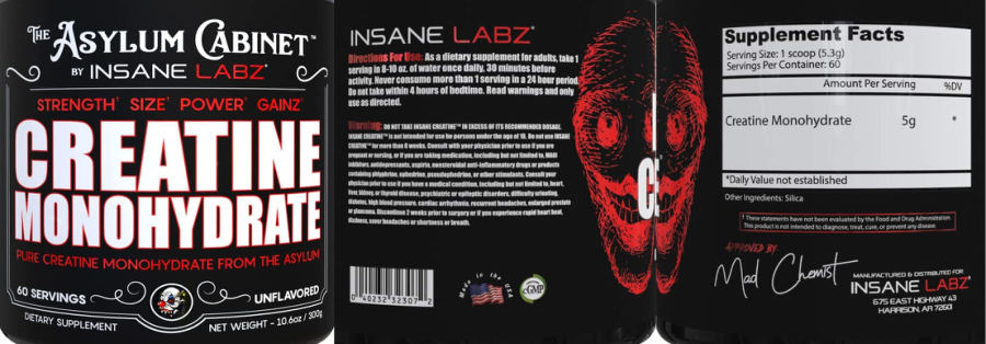 Official label of The Asylum Cabinet by Insane Labz Creatine Monohydrate Unflavored (NIH DSLD #298693)