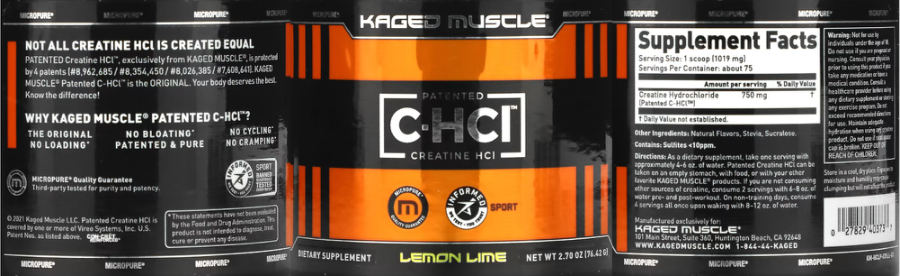 Official label of Kaged Muscle Patented C-HCl Creatine HCl Lemon Lime (NIH DSLD #298745)
