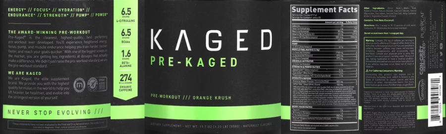 Official label of Kaged Pre-Kaged Orange Krush (NIH DSLD #298799)