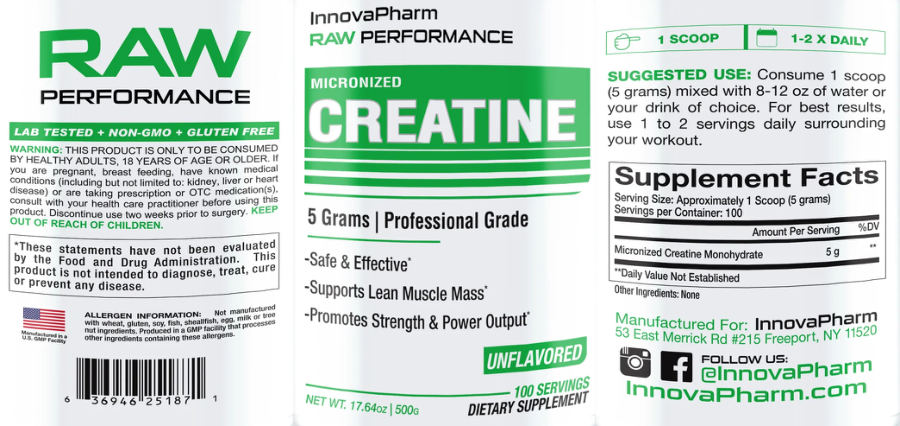 Official label of InnovaPharm Raw Performance Micronized Creatine 5 Grams (NIH DSLD #299182)