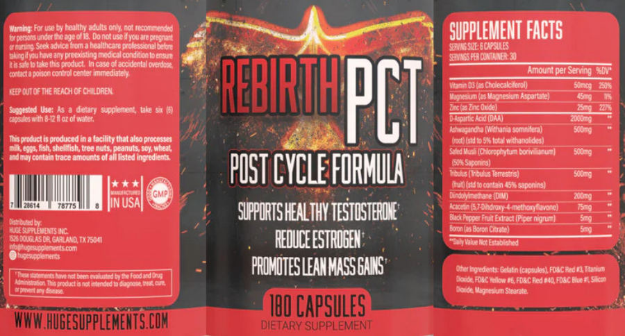 Official label of Huge Supplements Rebirth PCT (NIH DSLD #299814)