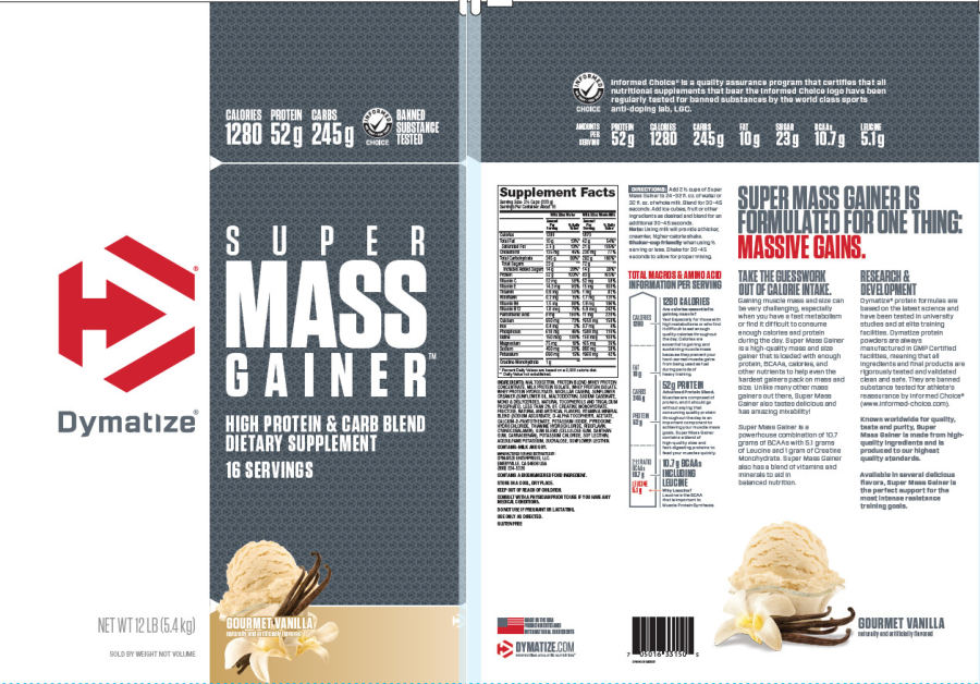 Official label of Dymatize Super Mass Gainer Gourmet Vanilla (NIH DSLD #302419)