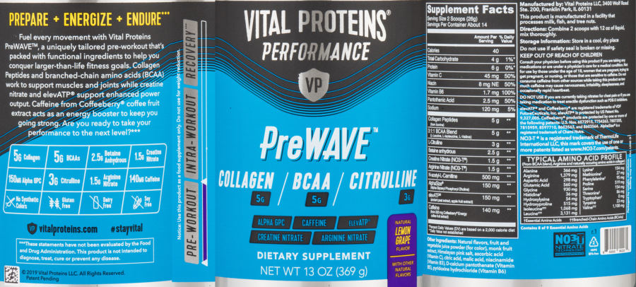 Official label of Vital Proteins Performance PreWAVE Natural Lemon Grape Flavor (NIH DSLD #302870)