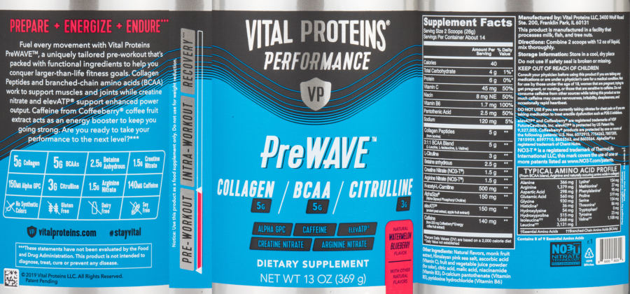 Official label of Vital Proteins Performance PreWAVE Natural Watermelon Blueberry Flavor (NIH DSLD #302871)