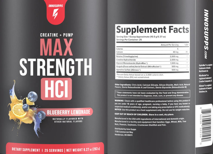 Official label of INNOSUPPS Max Strength HCl Blueberry Lemonade (NIH DSLD #303191)