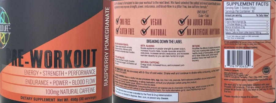 Official label of Propello Life Pre-Workout Raspberry Pomegranate (NIH DSLD #304068)