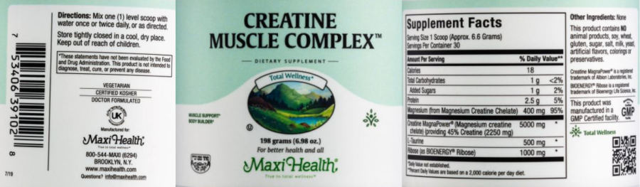 Official label of Maxi Health Creatine Muscle Complex (NIH DSLD #304168)