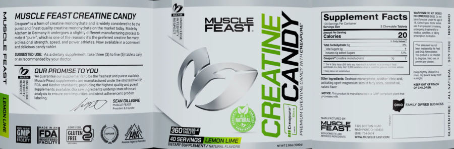 Official label of Muscle Feast Creatine Candy Lemon Lime (NIH DSLD #304324)