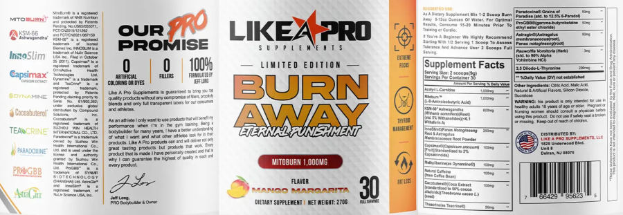 Official label of Like A Pro Supplements Burn Away Eternal Punishment Mango Margarita (NIH DSLD #304929)